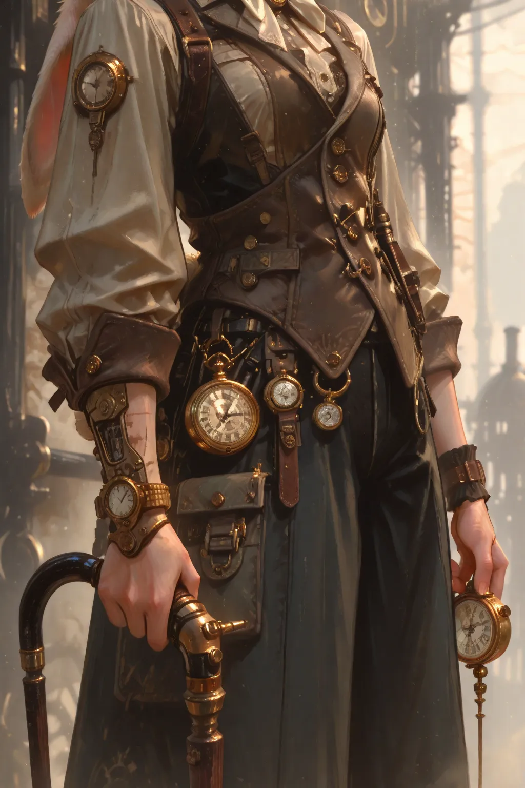 steampunk style watch rabbit girl, pocket watch in the right hand、 holding a cane in his left hand ,lopear