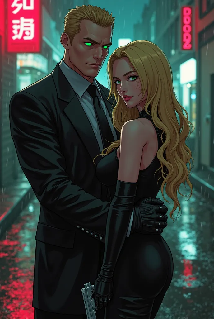 Anime noir mafia power couple, ultra-detailed 8k. Lucy Heartfilia as a dangerous blonde in a sleek black bodycon dress with long...