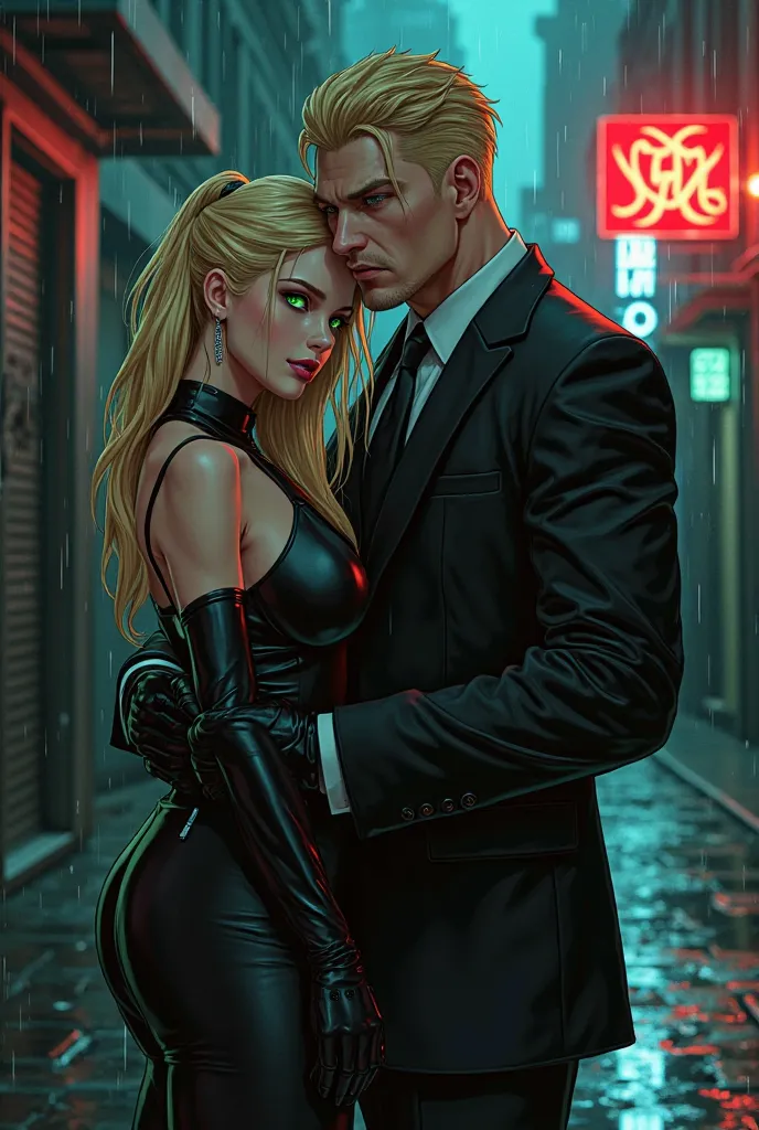 Anime noir mafia power couple, ultra-detailed 8k. Lucy Heartfilia as a dangerous blonde in a sleek black bodycon dress with long...