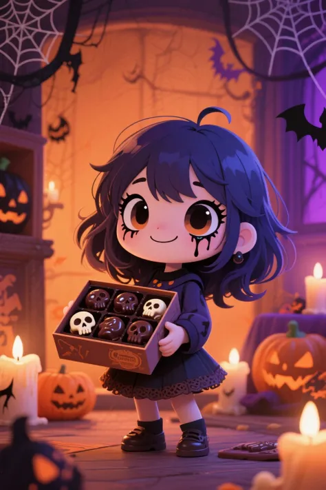 A whimsical chibi girl, no taller than a child's toy, stands playfully with a box of intricately designed chocolates shaped like...