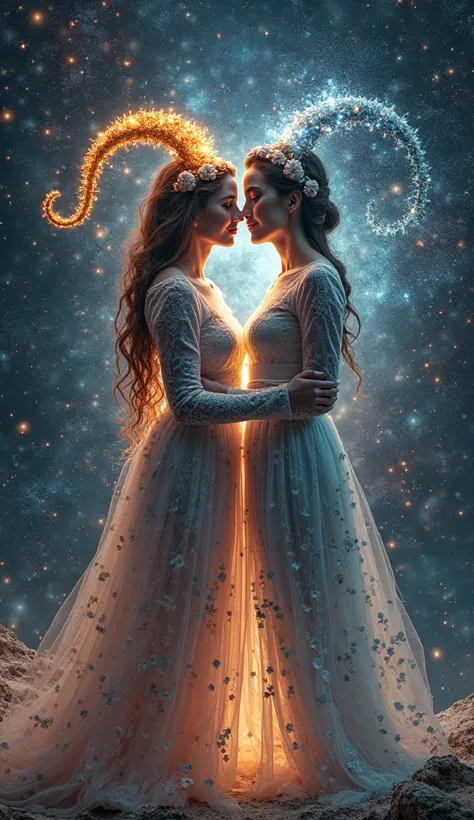 Image of  two person embodying the essence of Capricorn and virgo zodiac sign in photorealistic, cosmic and celestial theme. Not...
