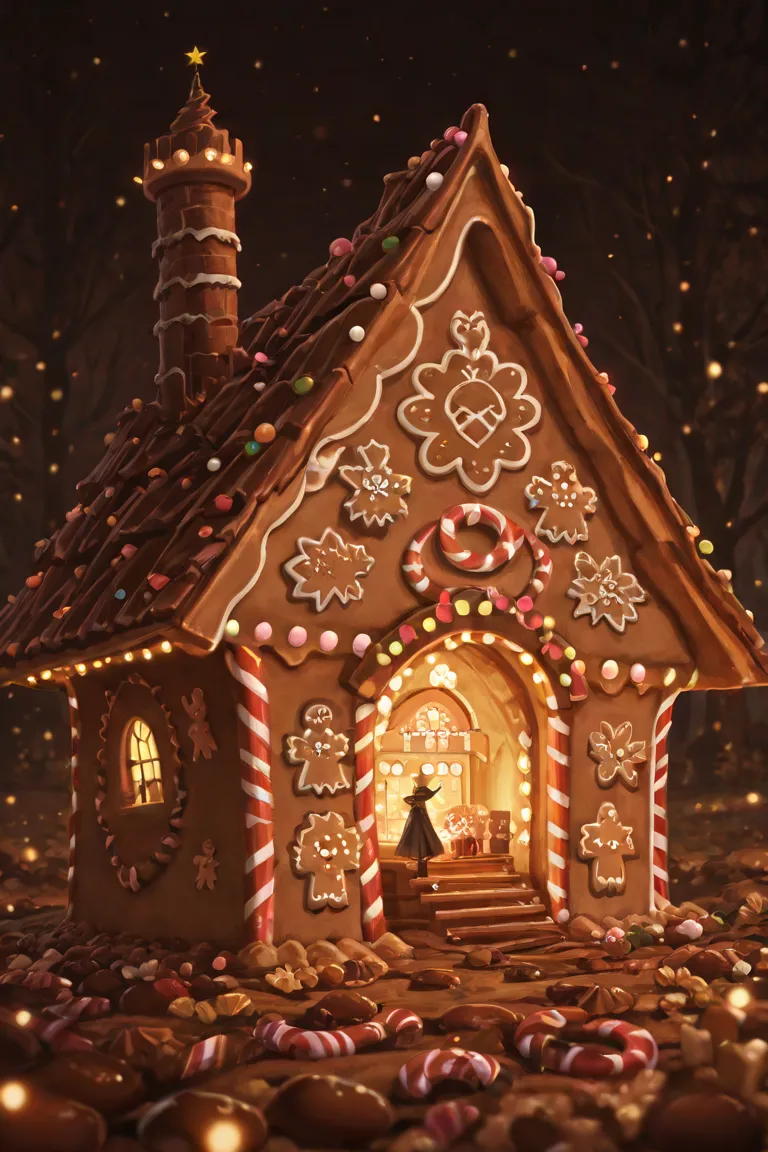  witch , standing in front of a (detailed gingerbread house:1.5), (chocolate roof:1.2), (candy cane chimney:1.1), whimsical fore...