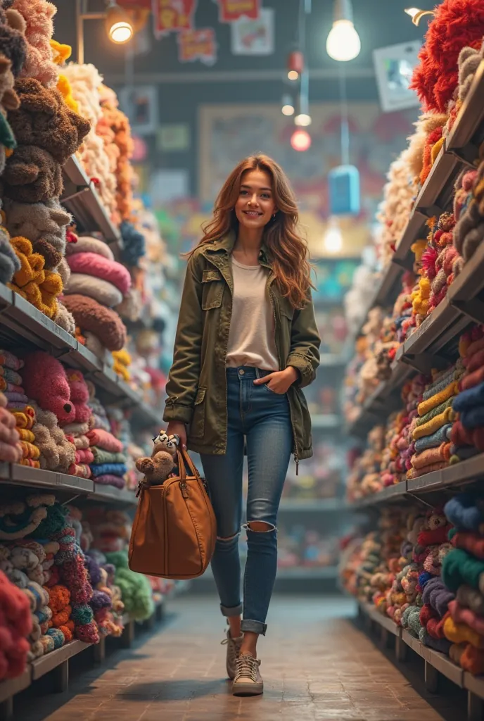 Help me to create a image of a lady in store, buying fursuit materials, and make the lady and the store look realistic, make the...
