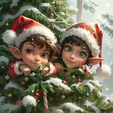 there are two Elf that are standing next to a christmas tree, Elf, cute digital painting, Elf sitting on the couch, cute detaile...