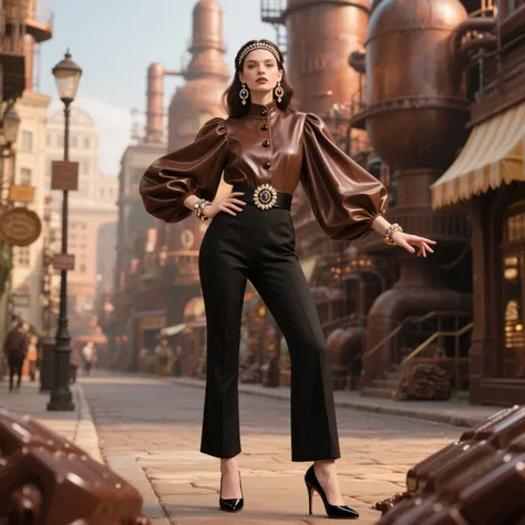 Extremely Detailed CG, button_Photography.TXT。The clothes are all made of chocolate，
headband,jewelry, Earrings,wide sleeves,lon...