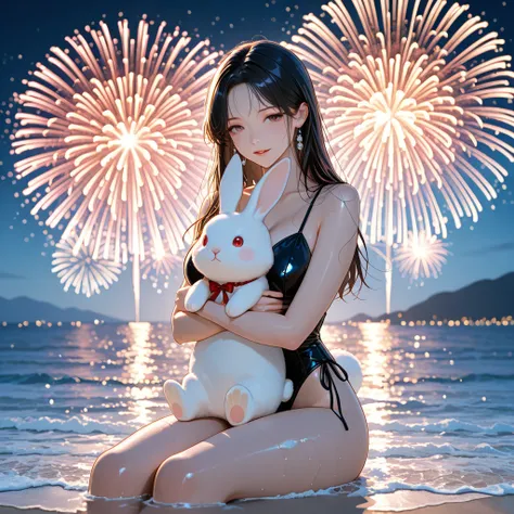 beautiful woman sitting at sea, Rabbit hugging, dark hair, sexy, beautiful fireworks, glossy fireworks