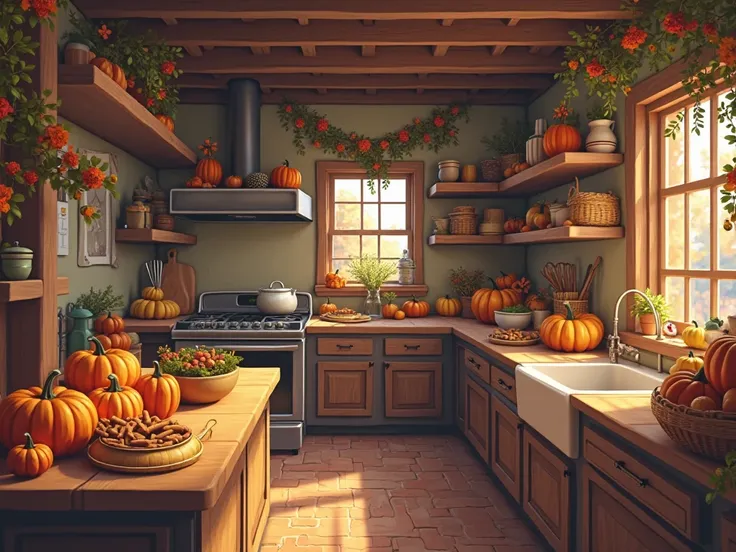 A warm barn house kitchen during autumn with cinnamon sticks, nutmeg, star anise, and pumpkins decorating wooden countertops and...