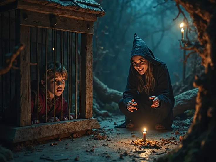 In a dark, eerie room of the candy cottage, a frightened boy, Hansel, sits behind iron bars inside a small wooden cage, while Gr...