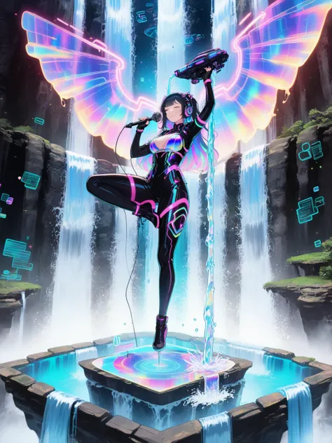 (masterpiece, best quality, 8K, abstract sci-fi, ethereal), (liquid neon dopamine colors:1.4), holographic texture, 1girl, solo,...
