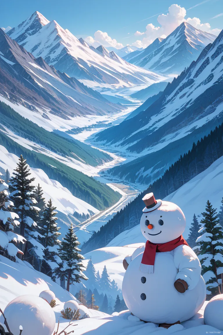 Masterpiece、super quality、Big snowman 、Full Body Map、Snow-covered landscape、Snowy mountains behind a snowman