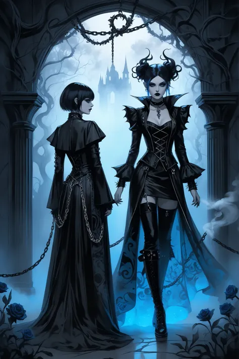 Masterpiece charcoal sketch of a dark fantasy, gothic punk illustration set in an ethereal, surreal realm. Two figures stand bef...