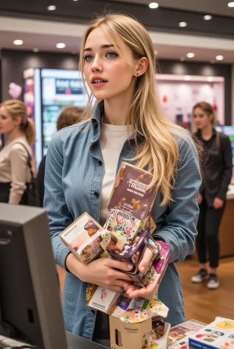 department store checkout area, bright indoor lighting.
A young woman stands at a cash register, her eyes wide in shock and mout...