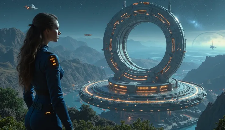 "A hyper-realistic futuristic Earth-based space command center built with circular and radial architecture, glowing with warm li...