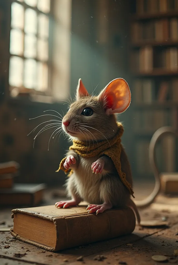 Une souris anthropomorphe émotive assise sur un vieux livre dans une bibliothèque abandonnée, portant une petite écharpe usée, e...