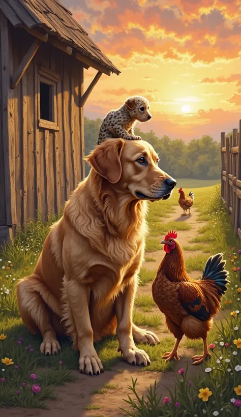 Imagine a hyper-realistic, glossy 4k oil painting of a fluffy, golden-yellow older Labrador Retriever with a thin, grizzled muzz...