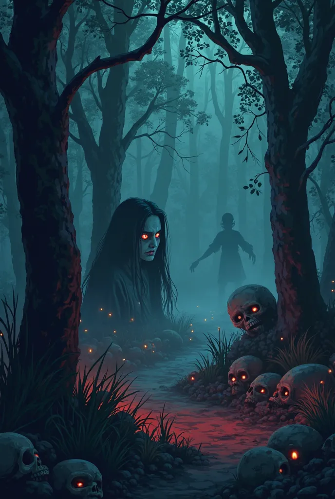 "Haunted forest with ghostly shadows among trees, faint red glow in the fog, a terrifying female demon’s face partially visible ...