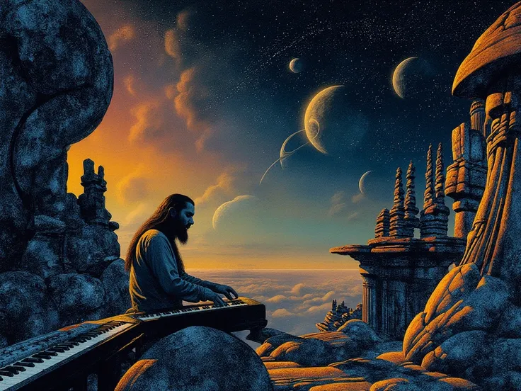 A surreal cosmic landscape blending post-apocalyptic ruins and celestial dreamscapes, featuring a long-haired , bearded pianist ...
