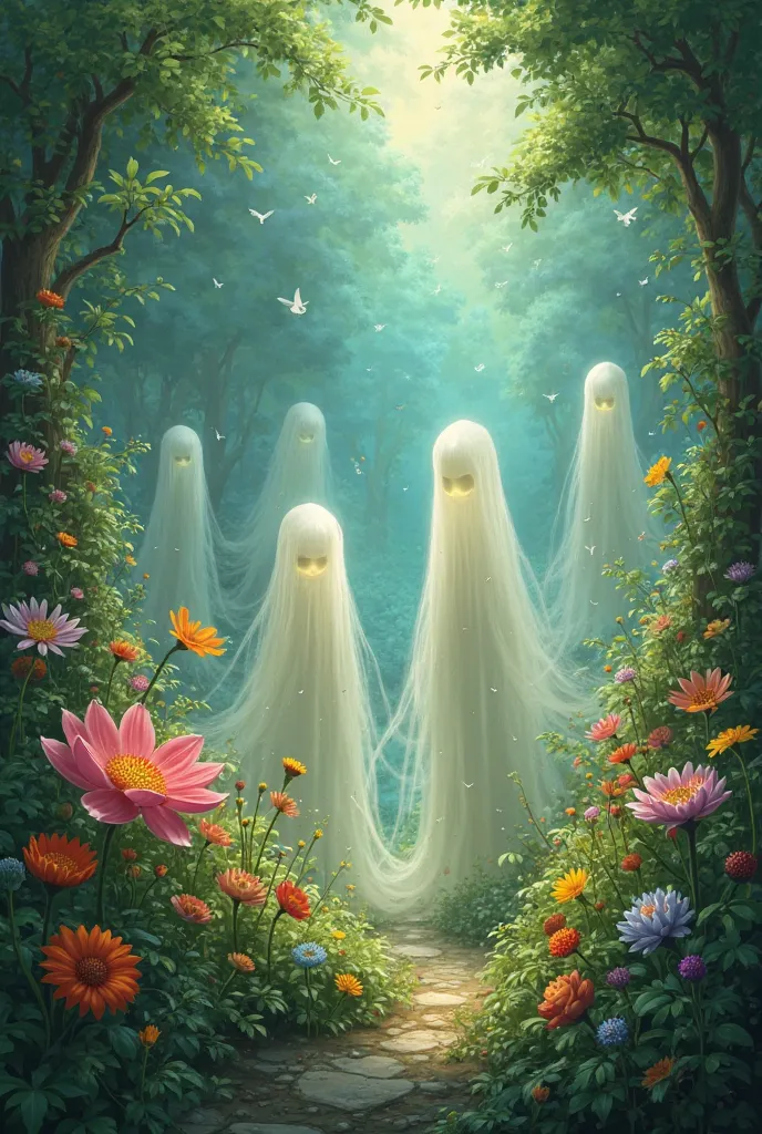 It creates a germous image of souls who find themselves in a magical and heavenly garden with beautiful flowers