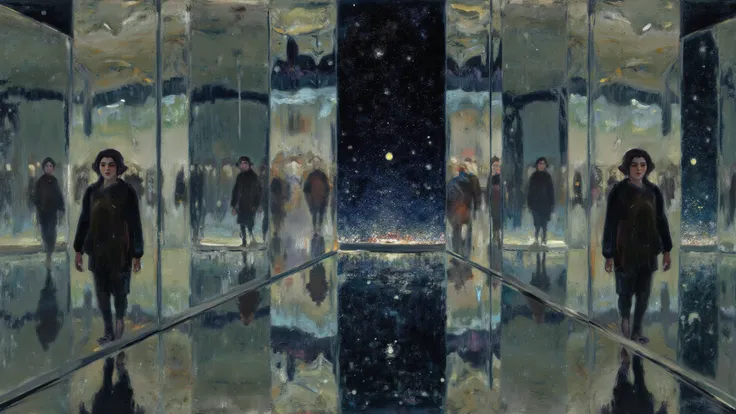 A figure walking through a hallway of mirrors. Each reflection shows them older, younger, different. At the end of the hall, a c...