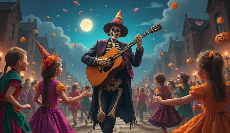 skeleton playing a guitar while candy falls from the sky, kids in costumes dancing with joy, fun Halloween party scene"