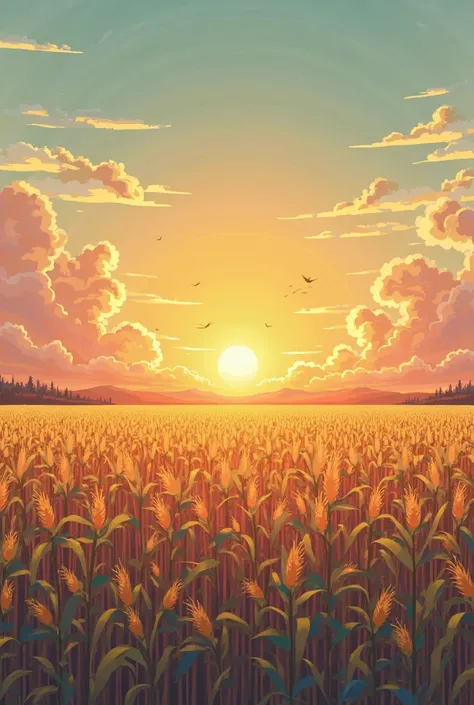 A 2d pixel art video of a cornfield swaying in the wind with a sun rising back in the orange sky with clouds