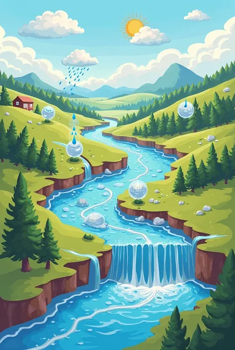Can you graph an image from which I can be inspired to make a school model about the hydrological cycle: evaporation, condensati...