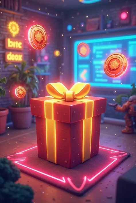 A vibrant gamer room background with RGB lighting

A player character holding glowing weapons

Floating in-game currency tokens ...
