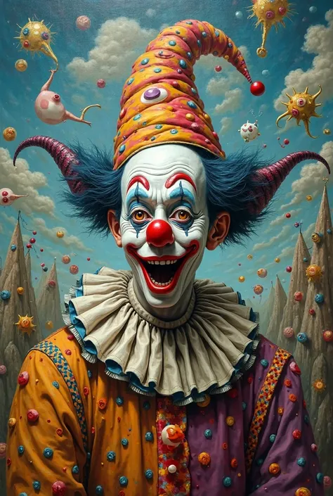 Salvador Dali style picture of a circus clown on psychedelics.