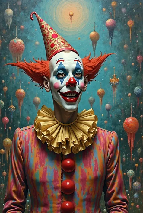 Salvador Dali style picture of a circus clown on psychedelics.