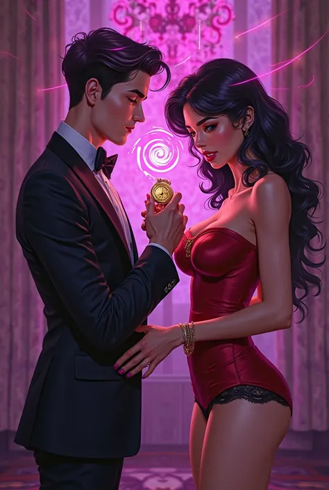 Erotic comic book style art, soft and sensual traits, charming hypnotist in black tuxedo holding shiny gold pocket watch, hypnot...
