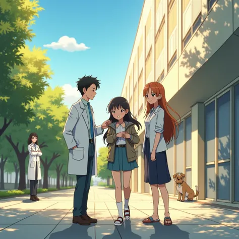 in anime style Outside a modern hospital in daylight. The sky is clear blue, with golden light bouncing off the building’s surfa...