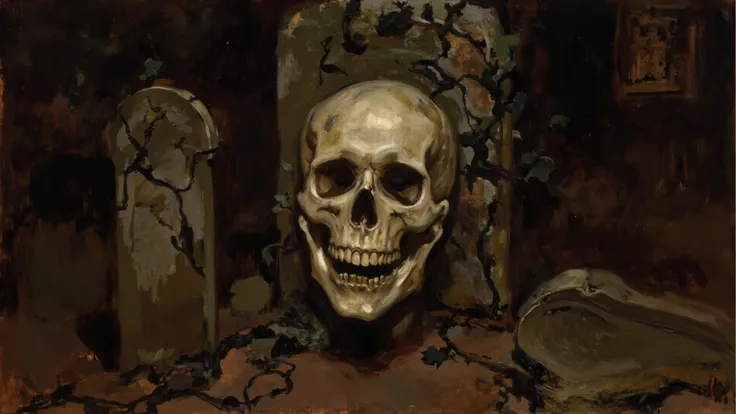 dramatic chiaroscuro oil painting, a skeletal visage wearing a carved bone mask beneath a waning moon, ancient gravestones and i...