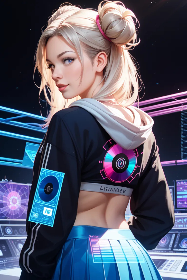 Masterpiece, photorealistic, 16k, chromatic aberration, half body,  
platinum blonde and pastel pink twin buns, irises that rota...
