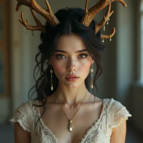 Create an image of a French woman with deer horns with a bridesmaid dress and brown eyes and black hair in a wedding 