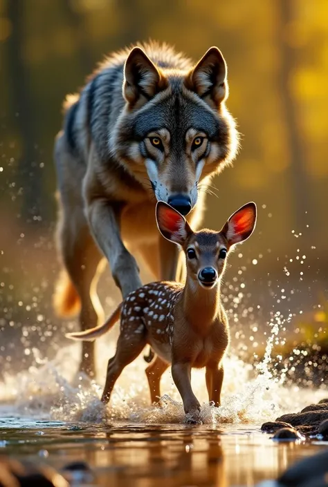 A dramatic scene of a grey wolf leaping toward a terrified fawn with light brown fur and white spots, large ears and big black e...