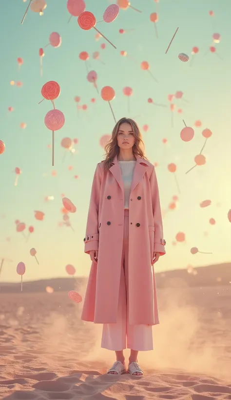 A woman in a soft pink trench coat stands in the middle of a pastel desert where lollipops fall from the sky like rain. The cand...