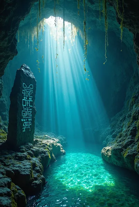 A massive ancient cenote in Mexico, crystal-clear turquoise water reflecting ethereal light, gigantic prehistoric megalithic sto...