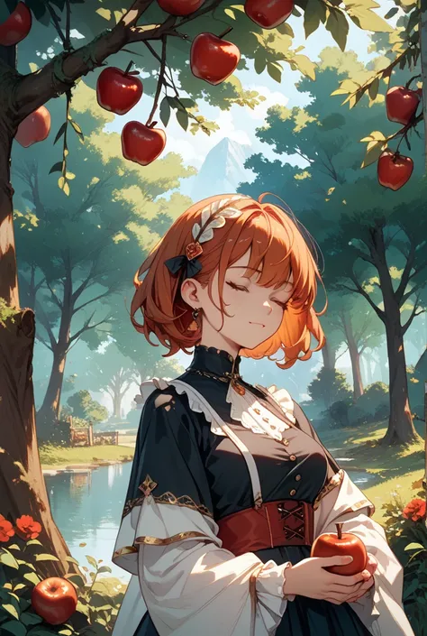 Girl with red and brown apple hair and closed eyes westerling through the trees 