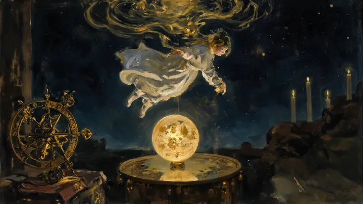 dramatic chiaroscuro oil painting, a medieval scholar suspended in a star-flecked void, orbiting a glowing orb etched with alche...