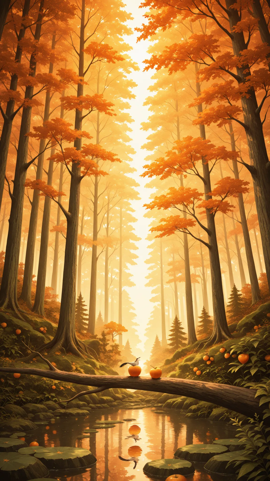 Bathed in soft, filtered sunlight, a peaceful forest scene unfolds with lush greenery and towering trees surrounding the focal p...