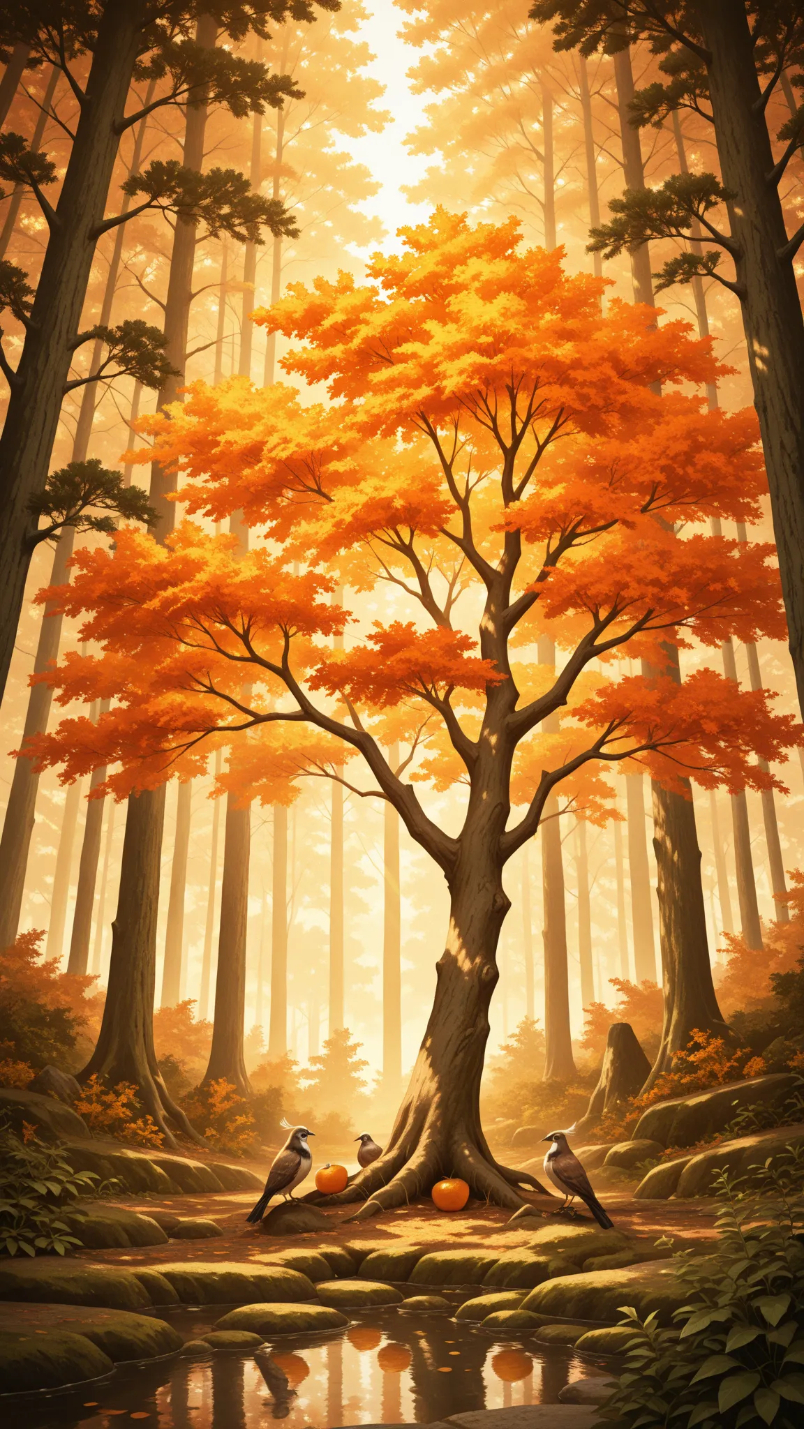 Bathed in soft, filtered sunlight, a peaceful forest scene unfolds with lush greenery and towering trees surrounding the focal p...