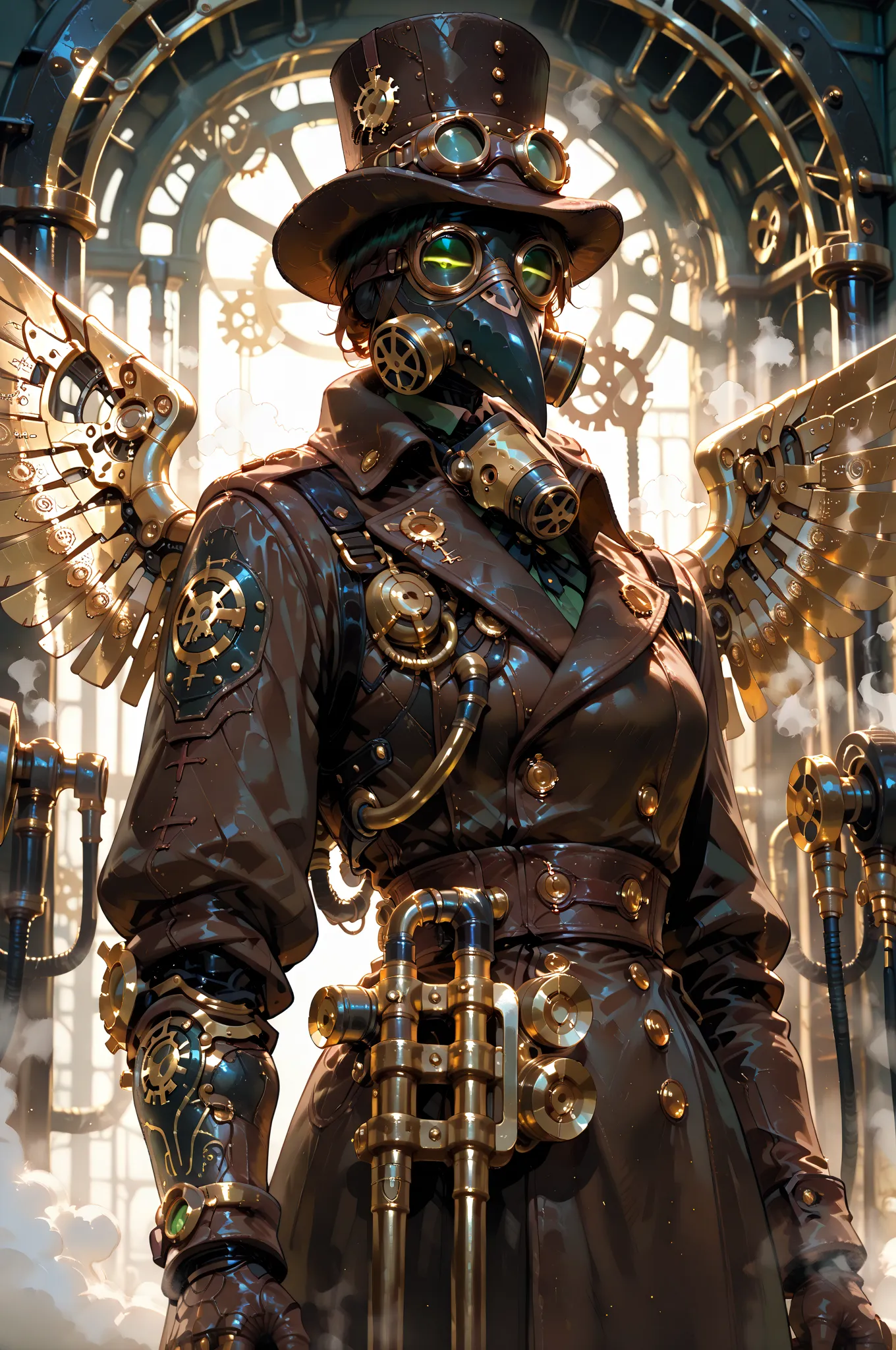 masterpiece, ultra highres, best quality, (steampunk iron plague doctor: brass armor plates, steam vents:1.2), (Victorian plague...