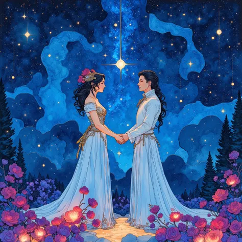 A richly colored watercolor painting of a mystical wedding ceremony under a shimmering night sky filled with stars and constella...