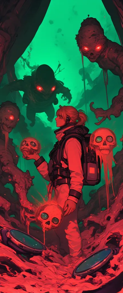 A sci-fi scene with a lone female survivor, blonde hair, standing amidst luminous meteorites and alien shells. She creates bizar...