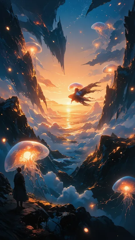 masterpiece, ultra high quality, 8k, breathtaking landscape.
Subject: "Dawn on the Cloud Sea and the Floating Coral Reefs." The ...