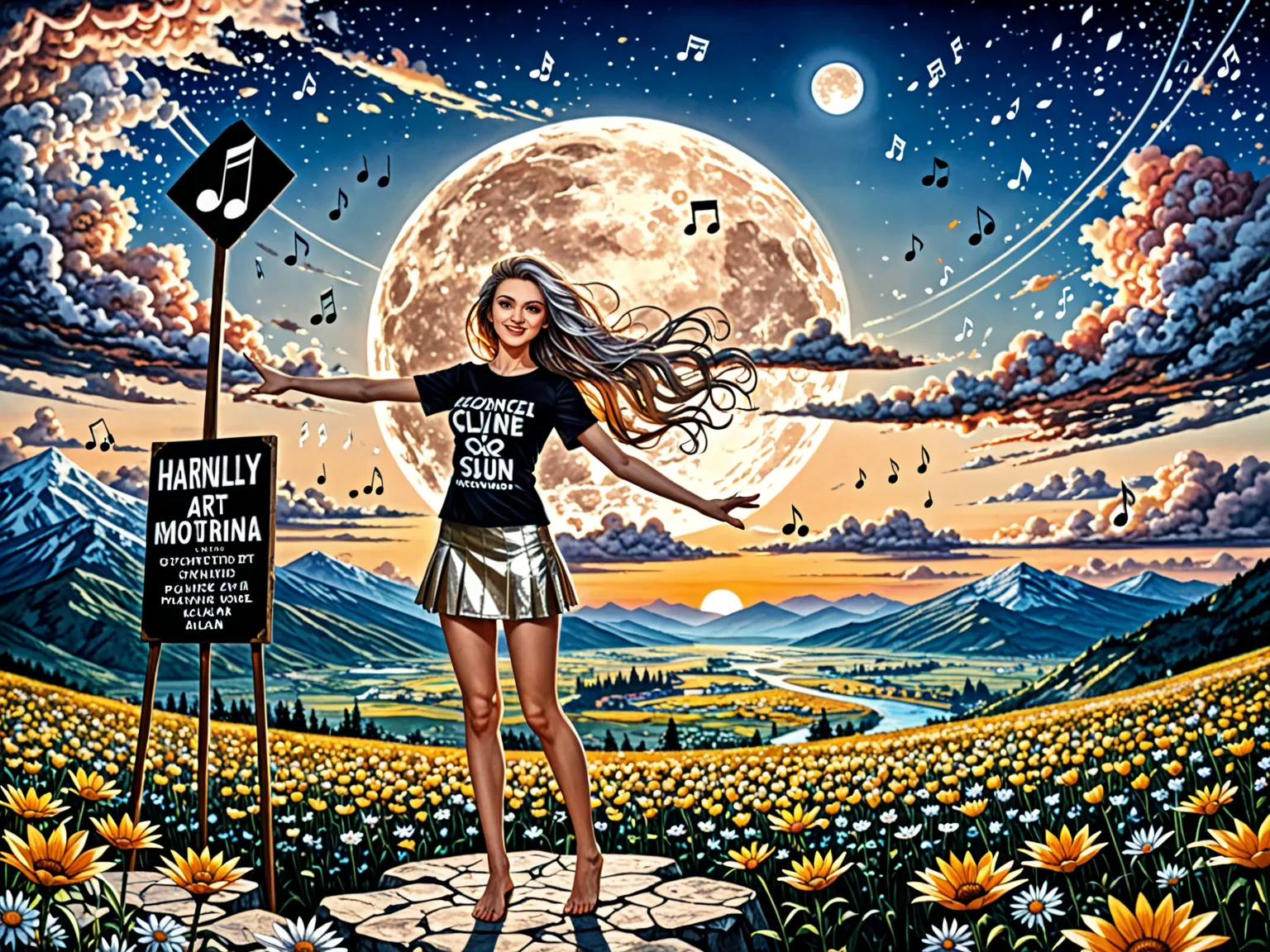 abstract art painting, 8k poster, full body, golden flowers, красивая girl сидит на краю обрыва, watching the distant horizon, g...