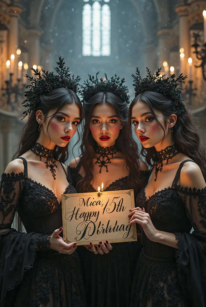 Some gothic princesses with a sign that says MICA HAPPY 15TH BIRTHDAY