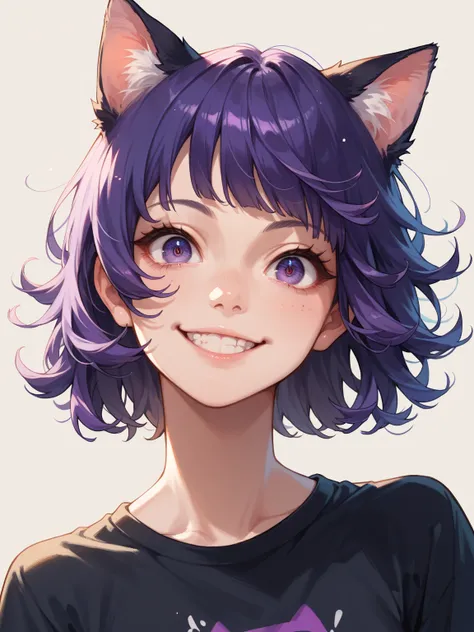female human, solo, black purple hair, bob cut, flipped hair, black purple eyes, slant eyes, with cat ears,smile,