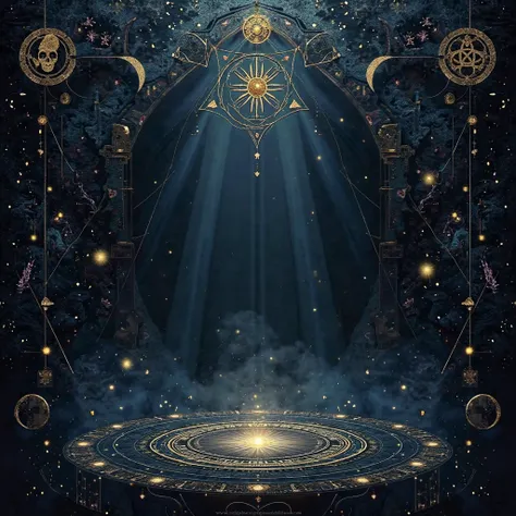 “Mystical and symbolic art without a human figure, occultist and alchemical style. deep background in dark tones (preto, azul no...