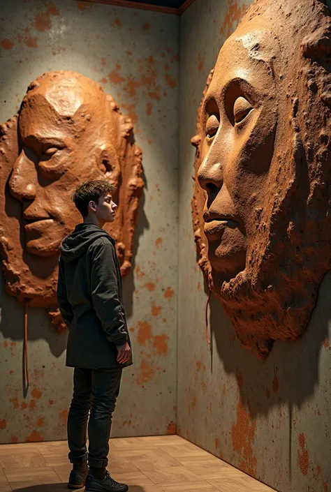 An artist inside a gallery. At the wall of rusty pieces with chips